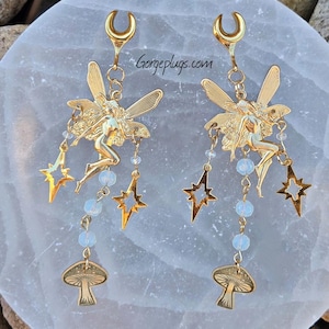 Bouchons d&#39;oreilles pendants féeriques en or, opale 2 g-1 3/16&quot; | Boucles d&#39;oreilles fées avec champignons étoiles|Boucles d&#39;oreilles pendantes célestes fantastiques, 6 mm, 8 mm, 10 m