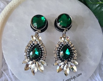 0g-1" Silver Emerald Green Bridal Fancy Wedding Gem Dangle Plugs Gauges, Sold by PAIR (8mm-25mm)Elegant