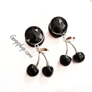 0g-1&quot; Black Cherries Dangle Plugs Gauges In sizes, Sold By Pair (8mm-25mm) 7/16, 1/2, 9/16,5/8 - For Stretched Ears, edgy plugs, E girl -