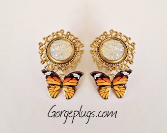 0g-1&quot; Gold Butterfly Dangle Plugs Gauges, Sold by PAIR (8mm-25mm) 00g, 1/2, 9/16, 5/8, 3/4, 7/8, 10mm, 12mm, 14mm, 16mm - y2k, Cottagecore-