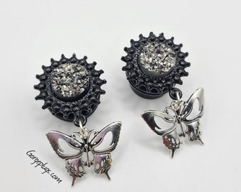 0g-1" Black Gunmetal Skull Butterfly Dangle Plugs Gauges | (8mm-25mm) Sold by PAIR | Gothic gauges, goth, skull, punk