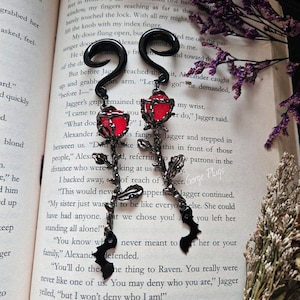 Gunmetal Black Crimson Red Rose W/ Black Bat Weights / Ear Hangers 6g 2g 0g 00g (4mm+) gauges earweights ear weight, gothic earrings