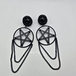 0g-1&quot;  All Black Pentagram Hoop Chain W/ Faceted Black Studs, Witchy Earrings, Edgy Layered Gothic Dangle Drop Plugs Gauges, (8mm-25mm)