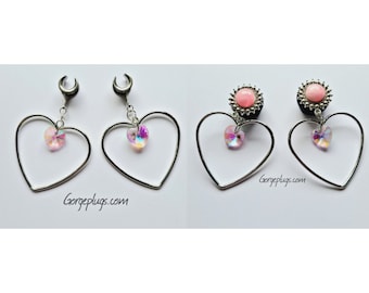 0g-1" Pastel Pink Heart Hoops Plugs Gauges, Sold by PAIR (8mm-25mm) -witchy Gothic gauges valentines, vday, valentines day, Saddle Plugs-
