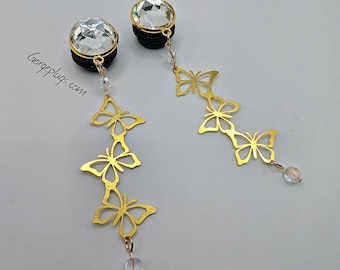 0g-1" goudmessing vlinder helder Swavorski elegante strass bruids minimalistische bungel druppel pluggen meters, (8 mm-25 mm)00g, 7/16, 1/2, 9/16