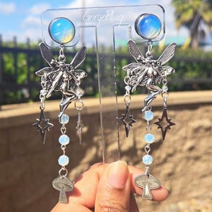 Bouchons d&#39;oreilles en forme de coeur de fée en argent, 0 g-1 po. - Puces d&#39;oreilles fées en opale avec étoiles, champignons fantaisie, pendants célestes (8 mm-25 mm)