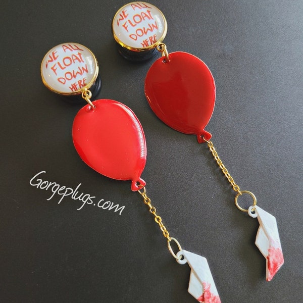 0g-1" We All Float Horror Movie Dangle Plugs Gauges(8mm-25mm) Sold by PAIR | It, spooky, clown, scary, balloon, creepy