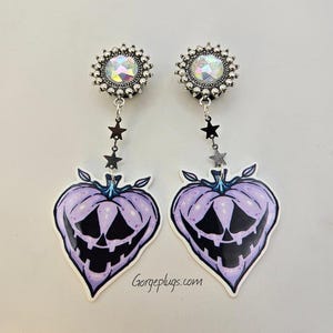 0g-1" Silver Purple Pumpkin Pastel Goth Dangle Plugs Gauges |Halloween Gauges | Wicked Dangle Plugs | Cute Spooky gauges| Soft Horror Plugs
