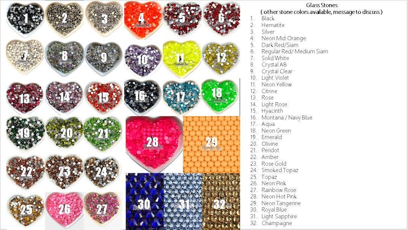 May include: Assortment of glass stones in various colors and shapes, including heart-shaped containers. Colors range from black to neon pink, with options like emerald, topaz, and champagne. Text lists available stone colors.