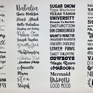 May include: A white background displays various text designs in black, showcasing diverse fonts and styles. The text includes words like "Natalia," "Sugar Snow," and "Street Wars," suitable for graphic design projects.