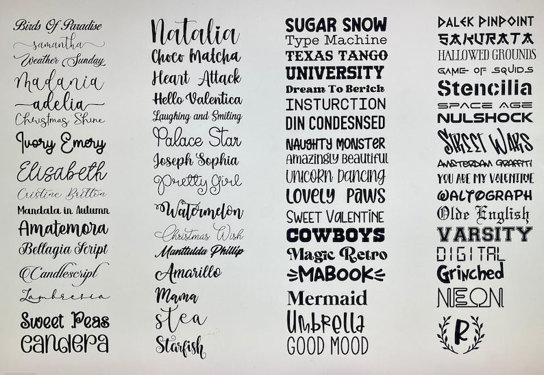 May include: A white background displays various text designs in black, showcasing diverse fonts and styles. The text includes words like "Natalia," "Sugar Snow," and "Street Wars," suitable for graphic design projects.