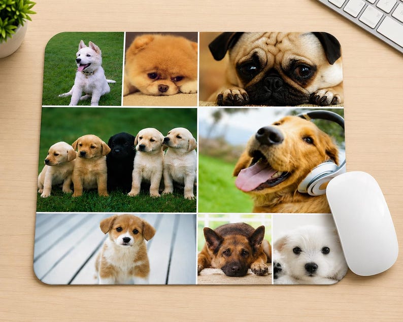 May include: A rectangular mouse pad featuring a collage of various dog breeds, including a white puppy on grass, a golden puppy, a pug, a row of five puppies, a golden retriever wearing headphones, a corgi puppy, a German shepherd, and a white puppy.