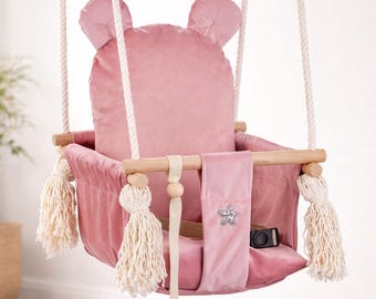 Baby Swing Teddy Bear – Handmade Wooden Indoor - Outdoor for Babies & Toddlers | Soft Plush Seat, Safety Belt, CE EN-71 | Gift for 1–3 Years