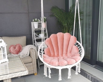 Boho Macrame Swing Chair with Shell and Heart Pillows for Indoor Outdoor Relaxation