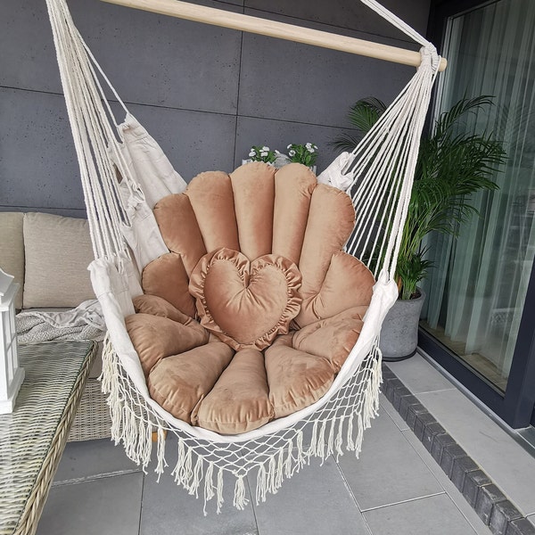 Swing Cushion, Chair  110 cm  Pillow + Heart Pillow ,Hanging Cocoon Cushion, Swing, Hammock,Outdoor Custom Cushions,Beige Velvet