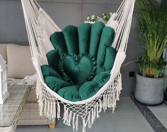 Green Velvet Swing Cushion Set – Scandinavian Hammock Chair Pillow + Heart Pillow