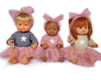 Lot de robe de poupée Miniland + culotte + serre-tête pour poupée de 38 cm, robe Minikane, tenue de poupée de 13 à 12 pouces, robe de 38 à 32 cm en mousseline naturelle