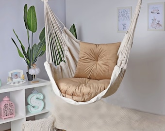 Macrame Swing Chair with Velvet Pillow Set, Indoor Outdoor Hammock