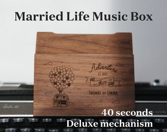 Married Life UP Music Box | Deluxe Custom Music Box | Natural Walnut Wood | Personalized Jewelry Wooden Box | 30 notes wind-up mechanism