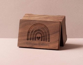 Personalized Music Box | Bohemian Rainbow Design | Natural Walnut Wood | Medium size | Crank or wind up music box movement