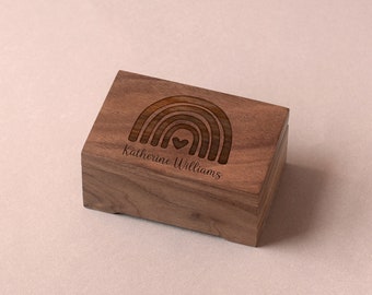 Personalized Music Box | Bohemian Rainbow Design | Natural Walnut Wood | Medium size | Crank or wind up music box movement