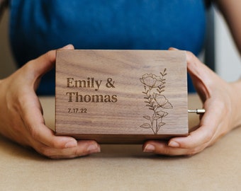 Custom Anniversary Music Box | Text and plants music box | Jewelry Wooden Box | Custom Design | Crank or Wind-up mechanism