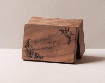 Custom Text Music Box | Natural Walnut Wood | Medium size | Peony Design | Crank or wind up music box movement