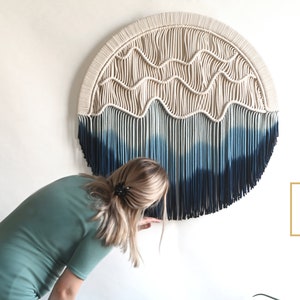 Round Macrame Wall Hanging - Blue Circle Tapestry - Dyed fiber art - 