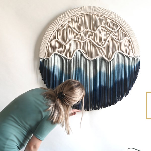 Round Macrame Wall Hanging - Blue Circle Tapestry - Dyed fiber art - "Neptune"