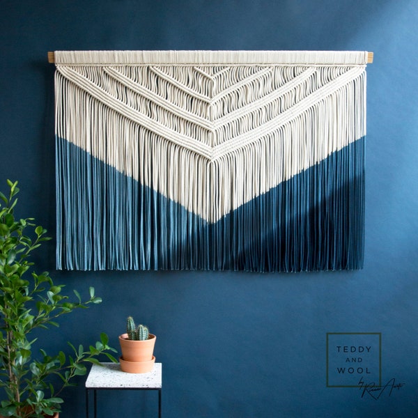 Macrame Wall Tapestry - Wall Hanging Dyed in a Blue Gradient - Color Blocking - "Jaclyn"