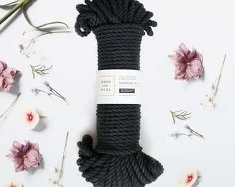 Macrame cord 6mm -Twisted Cotton Rope -Black Cotton Cord -100% Natural Cotton String -Macrame Pattern -Craft Yarn -Rope -"Charcoal Black"