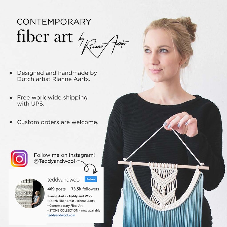 May include: A woman holds a macrame wall hanging with a blue and white color gradient. The hanging is made with a knotting technique and has a wooden dowel at the top. The text "CONTEMPORARY fiber art" is visible at the top of the image.
