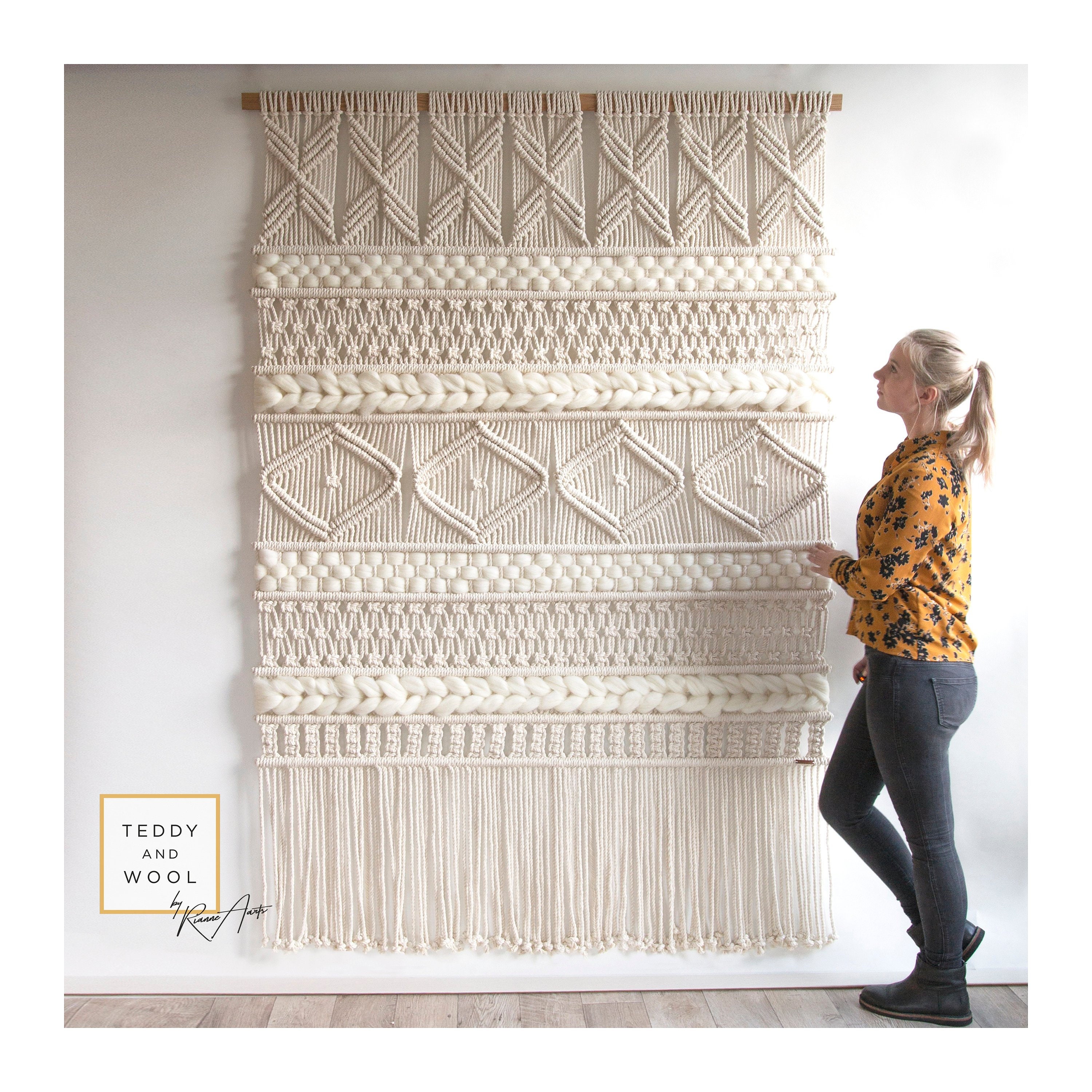 Tenture Murale Macramé Boho 120x75 Cm - Coton Naturel Tissé Main Avec 10 Clips, Déco Salon Chambre