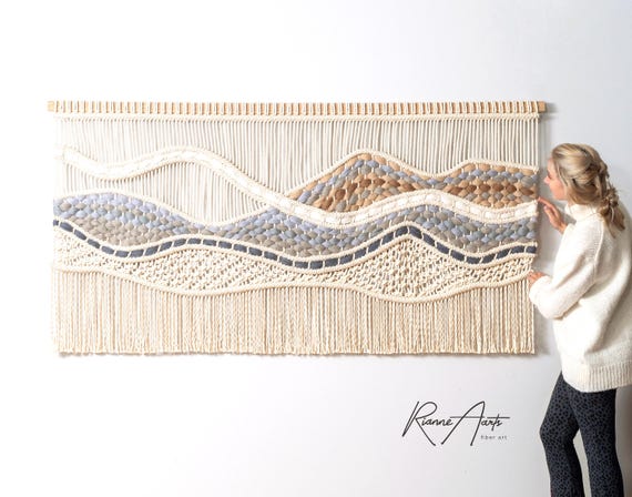大きなマクラメ壁掛け - 織タペストリー - モダンなマクラメハンガー