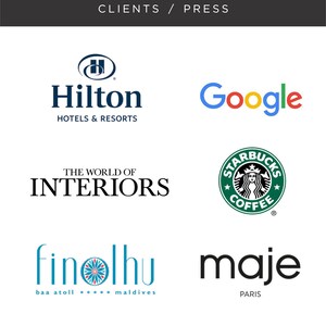 May include: A collage of logos for various companies and brands, including Hilton Hotels & Resorts, Google, Starbucks Coffee, The World of Interiors, Finolhu Baa Atoll Maldives, and Maje Paris.