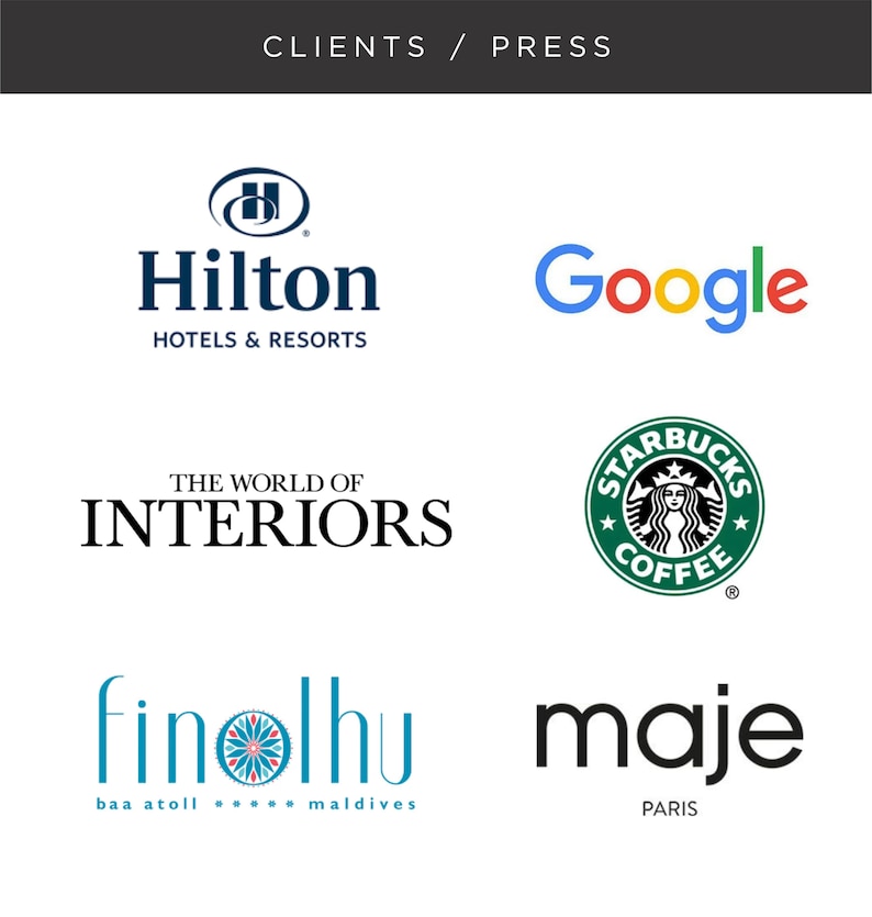 May include: A collage of logos for various companies and brands, including Hilton Hotels & Resorts, Google, Starbucks Coffee, The World of Interiors, Finolhu Baa Atoll Maldives, and Maje Paris.