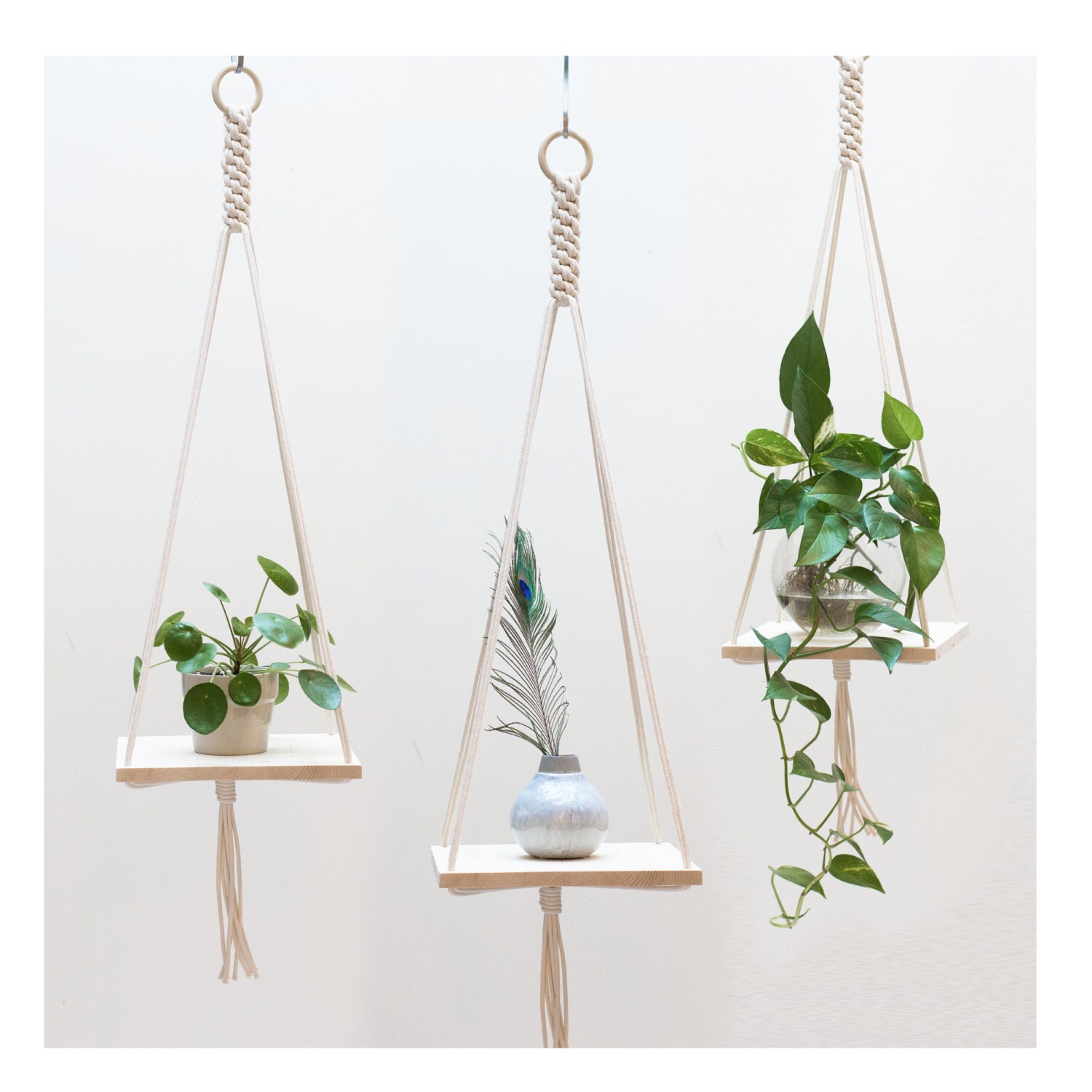 Macrame Plant Hanger/Hanging Shelf Holder Planter Macrame Pot Wooden Canger For Plants