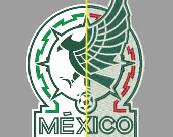 May include: A green and white embroidered patch with a stylized eagle and the word "MEXICO" in a green circle. The patch is available in various formats, including DTS, EMB, PES, EPS, SVG, PNG, PDF, AI, and JPG.