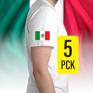May include: White t-shirt with a Mexican flag patch on the sleeve. The shirt is shown on a model. A yellow label with the text "5 PCK" is visible in the image.