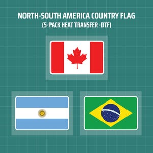 May include: Three heat transfer iron-on designs of flags: a red and white Canadian flag with a red maple leaf, a light blue and white Argentinian flag with a yellow sun, and a green and yellow Brazilian flag with a blue circle and white stars.