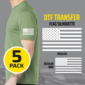 May include: A heather olive green short-sleeve t-shirt featuring a white American flag silhouette on the sleeve. The image includes text reading DTF TRANSFER FLAG SILHOUETTE, REGULAR, REGULAR MINI, and a yellow circle graphic stating 5 PACK.
