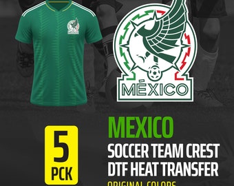 May include: A green and white soccer team crest with an eagle design and the word "MEXICO" in white letters. The crest is on a black background with the text "MEXICO SOCCER TEAM CREST DTF HEAT TRANSFER ORIGINAL COLORS" in white letters. There is a yellow square with the number "5" and the word "PCK" in black letters.