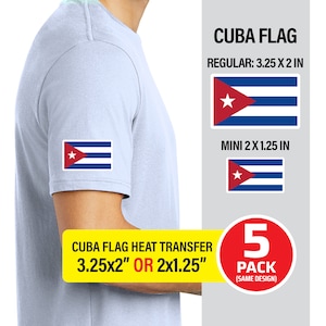 May include: A 5-pack of iron-on heat transfer decals featuring the Cuban flag. The decals are available in two sizes: 3.25 inches by 2 inches or 2 inches by 1.25 inches.