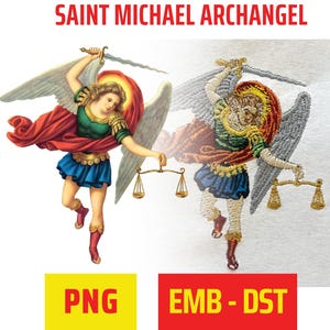 May include: A digital embroidery design of Saint Michael the Archangel, a Christian angel, holding a sword and scales. The design is shown in both a traditional painted style and a digitized embroidery style.