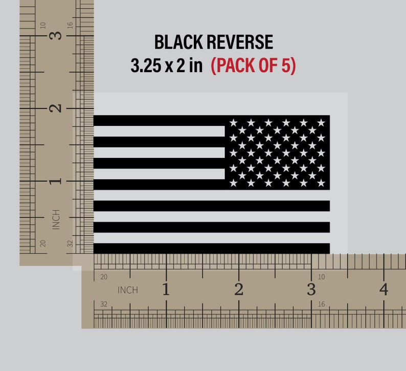May include: A black and white American flag decal with 13 horizontal stripes and 50 white stars on a blue field. The decal measures 3.25 inches by 2 inches and is part of a pack of 5.
