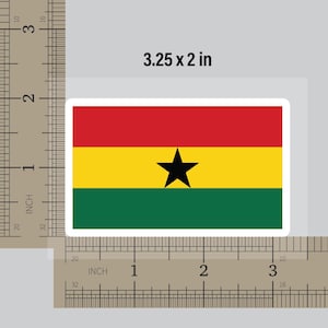 May include: A sticker featuring the flag of Ghana. The flag is red, yellow, and green with a black star in the center. The sticker is 3.25 inches by 2 inches.