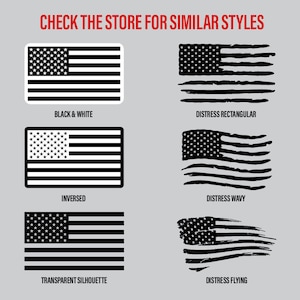 May include: A graphic design illustration showing different styles of the American flag. The styles include black and white, distressed rectangular, distressed wavy, transparent silhouette, and distressed flying.