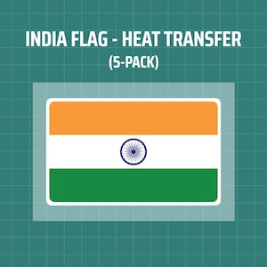 May include: A pack of five heat transfer iron-on decals featuring the Indian flag. The flag is a tri-color of saffron, white, and green with a blue wheel in the center.