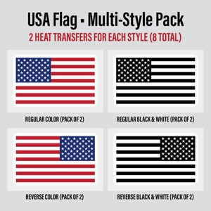 May include: A set of eight heat transfer designs featuring the American flag in four different styles: regular color, regular black and white, reverse color, and reverse black and white. Each style comes in a pack of two.