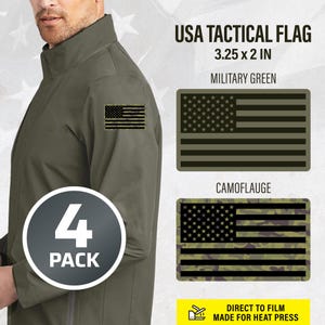 May include: A 4-pack of USA Tactical Flag patches. The patches are 3.25 x 2 inches and available in military green and camouflage. The patches are made for heat press applications. The image also shows a person wearing a military green jacket.